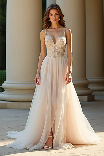 A Line Champagne Spaghetti Straps Long Formal Dress with Slit